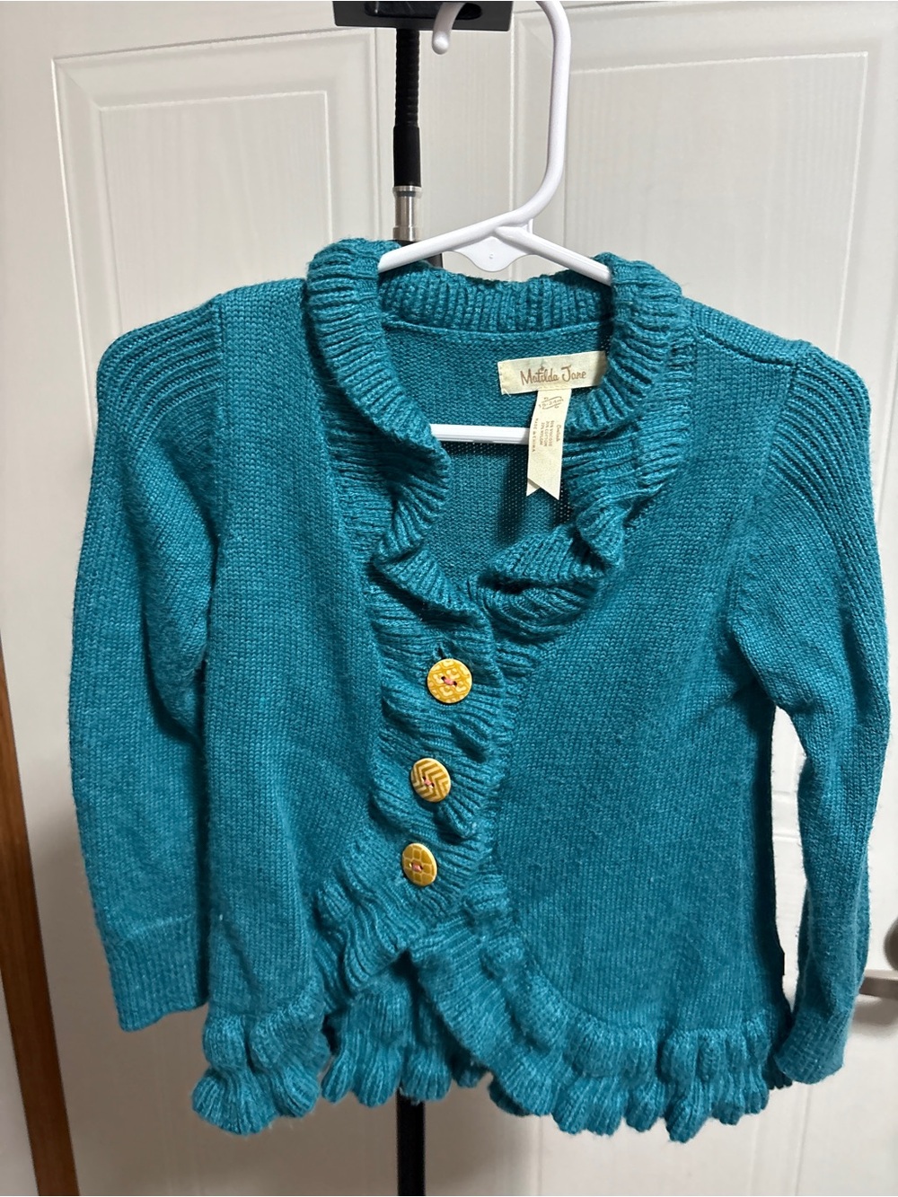 Matilda Jane Teal Ruffle-Front Cardigan with Yellow Buttons